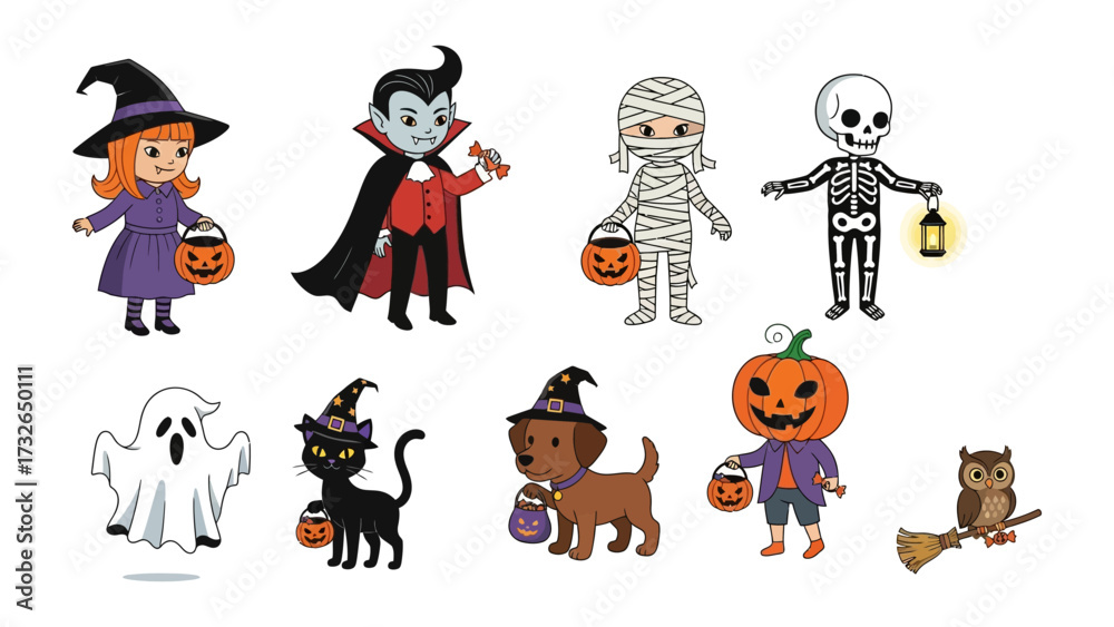 Halloween Characters Cartoon: A vibrant cartoon illustration featuring a delightful ensemble of Halloween characters ready for trick-or-treating.