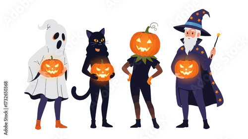 Halloween Characters with Pumpkins: A creative group of four Halloween characters, each holding a glowing jack-o'-lantern, stands ready for a night of spooky fun and festive celebrations.