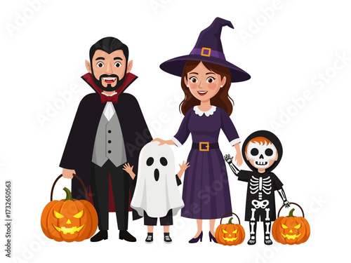 Halloween Family Portrait: A spirited family embraces the Halloween spirit with charming costumes and glowing jack-o'-lanterns, capturing the essence of spooky family fun.