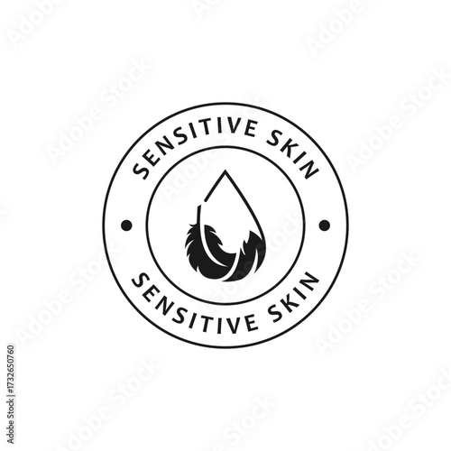 Minimalist feather sticker for skincare and cosmetic products. Concept of delicate and sensitive skin, hypoallergenic care, and natural beauty branding for cosmetic labels and packaging.