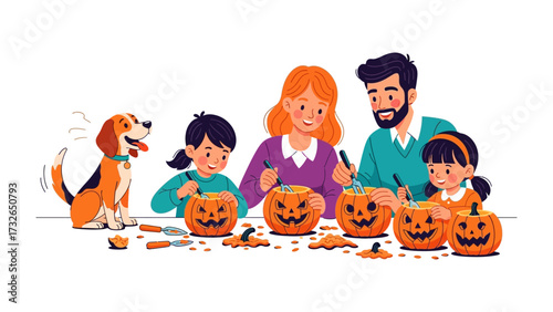 Family Pumpkin Carving: A heartwarming scene of a family and their canine companion eagerly carving pumpkins, creating festive jack-o'-lanterns that radiate joy.