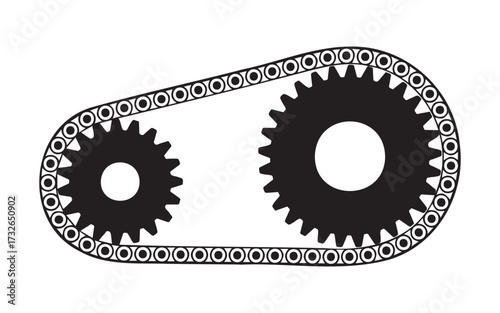 Two gears connected by a chain in black and white art on white background