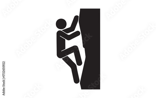 Silhouette of a person rock climbing on a cliff face against a on white background