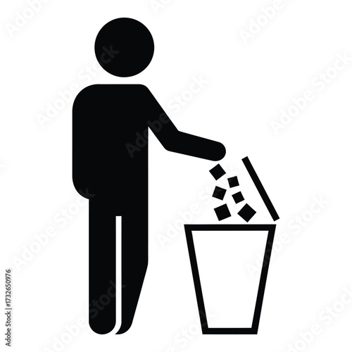 Man throwing trash into trash can pictogram symbol icon representing waste disposal recycling hygiene silhouette