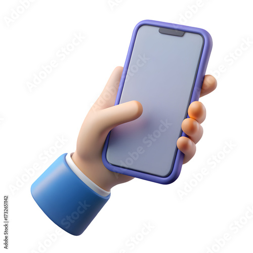 Stylized cartoon hand holding a modern smartphone with a blank screen