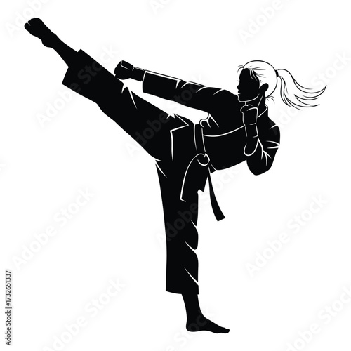Dynamic silhouette of a female martial artist performing a high side kick in karate combat action silhouette