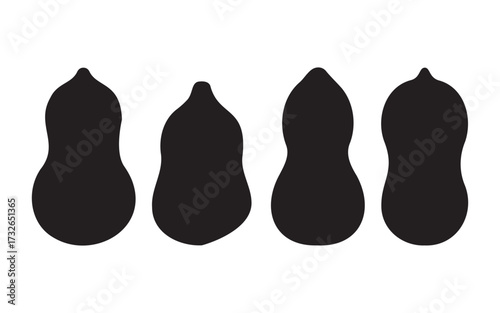 Four black bottle gourds in a row against a silhouette art on white background