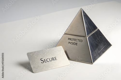 Shiny metallic pyramid with a secure card beside it