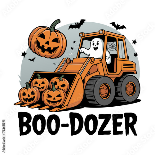 Illustration of cute cartoon ghost driving a bulldozer filled with jackolanterns, halloween concept