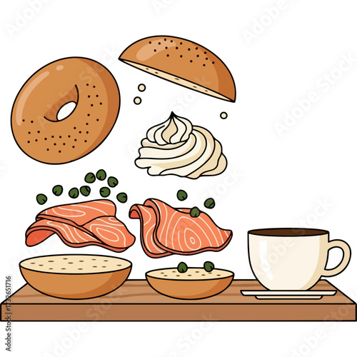 A versatile vector graphic of a classic brunch dish, perfect for a deli or coffee shop logo. This isolated illustration of a bagel and coffee is great for any food-related branding or promotion.