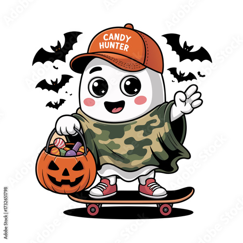 Illustration of cute ghost character in a camouflage poncho and orange cap, holding a candy bucket and riding a skateboard