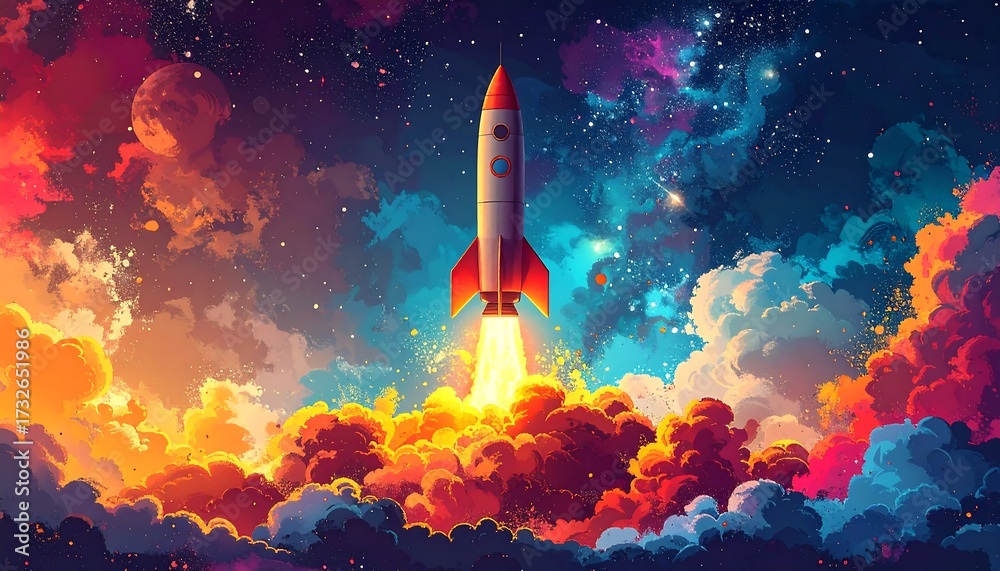 Obraz premium Colorful rocket launching into a vibrant nebula