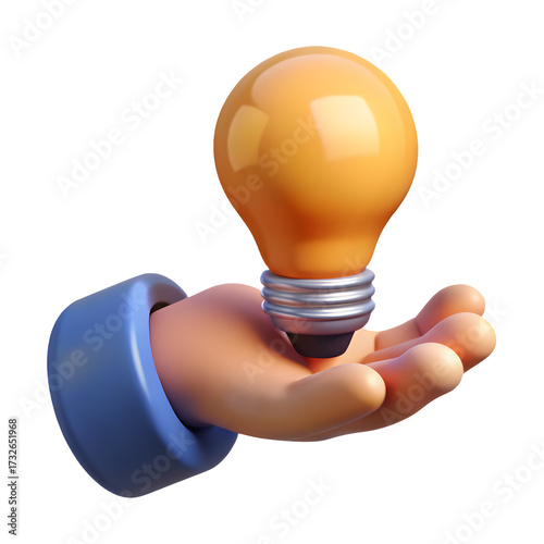 Cartoon hand holding a glowing orange light bulb on a black background
