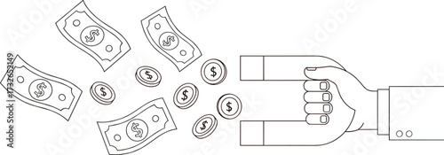 Business hand holding magnet attracting money, financial success concept, wealth attraction metaphor, investment strategy illustration, economic growth, marketing and profit symbol