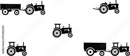 Tractor silhouettes, farm machinery illustration, agricultural equipment, trailer attachment, farming vehicles, black and white design, rural industry, cultivation tools, heavy machinery