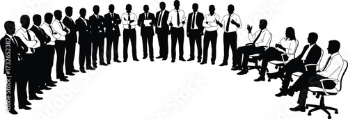Business meeting silhouettes, corporate professionals, seated and standing poses, office teamwork, formal attire, executive discussion, black suit figures, isolated white background