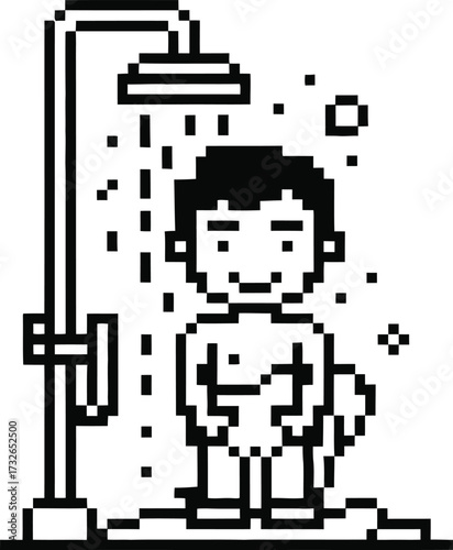 Pixel art man taking a refreshing shower with water droplets