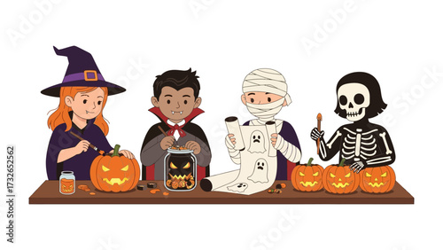 Halloween Celebration: A collection of youngsters in a festive atmosphere dressed in creative costumes engaged in Halloween preparation and decoration. Celebrating traditions and seasonal festivities.