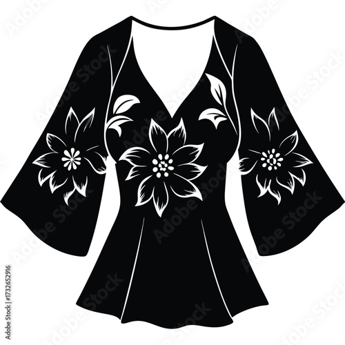 elegant floral silk top with flowing sleeves