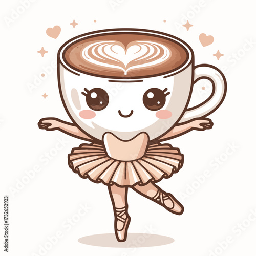 Hot brown cappuccino and tea drink vector illustration with heart symbol on a cafe mug