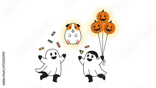 Spooky Halloween Gathering: A vibrant illustration of a heartwarming Halloween scene, featuring adorable ghosts, charming pumpkin balloons, and a cute guinea pig.