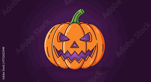 Spooky carved pumpkin with glowing purple eyes and jagged mouth grins menacingly on a dark purple background for Halloween.