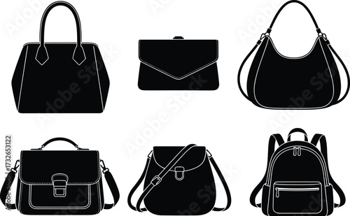 Black silhouette vector set of handbags, clutch, hobo, satchel, crossbody, and backpack icons for fashion, accessories, and design