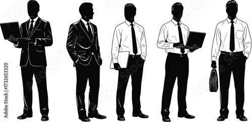 Businessman silhouette set, professional poses with accessories, corporate attire, formal gestures, office tools, black icons, isolated white background, executive posture