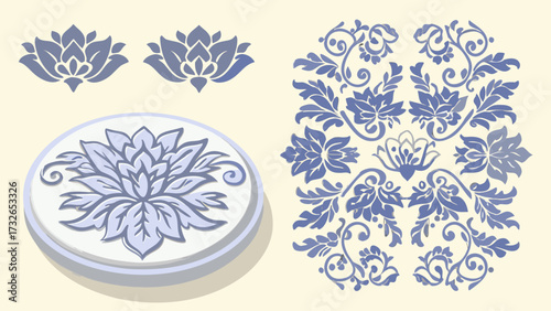 Elegant blue floral motifs and ornate scrollwork designs evoke a sense of classic beauty and intricate artistry for sophisticated projects.