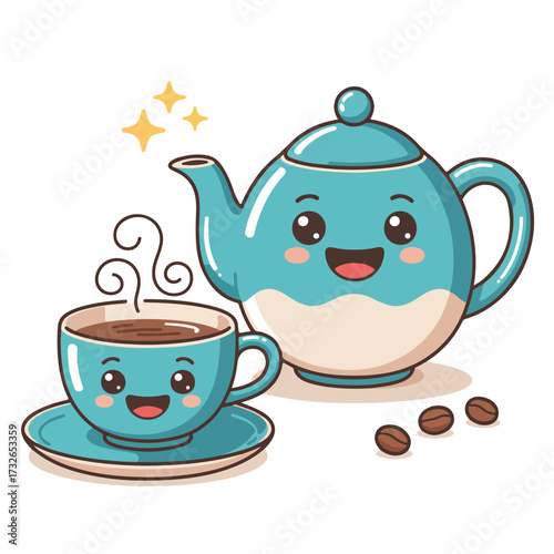 Ceramic teapot and cups for a traditional hot tea drink, isolated on white