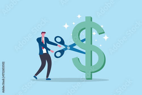 Businessman cutting a large green dollar sign with scissors representing financial cost reduction or savings
