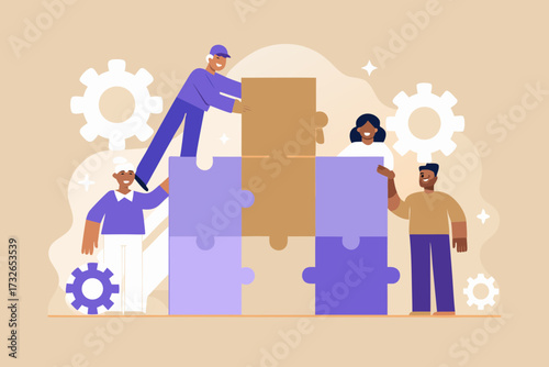 Diverse team of people working together to assemble a large jigsaw puzzle symbolizing collaboration and success