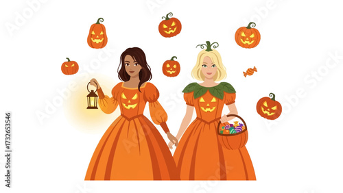 Halloween Pumpkin Girls Gathering:  Two beautiful girls are celebrating the spooky season with pumpkin costumes and carved pumpkins, conveying the thrill and essence of Halloween. 
