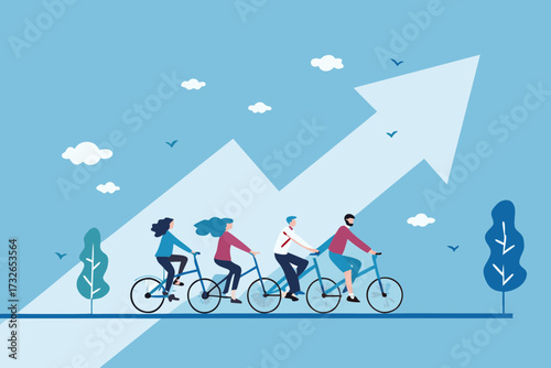 Diverse team of cyclists riding bikes together on a path with an upward trending arrow symbolizing growth and success