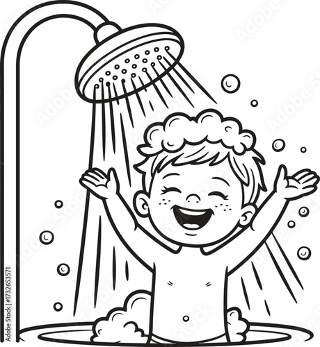 Happy baby enjoying a shower with soap bubbles