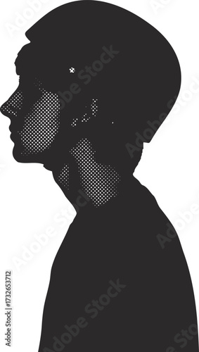 Silhouette portrait of a person wearing a helmet with a halftone dot pattern effect. Vector graphic illustration of a human profile on a white isolated background.