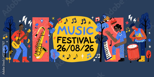 Vibrant music festival announcement with diverse musicians and instruments celebrating live performances