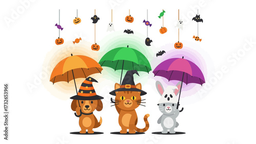 Halloween Friends Under Umbrellas: A whimsical scene featuring three adorable animals—a dog, cat, and rabbit—each donning Halloween attire and sheltering beneath colorful umbrellas.