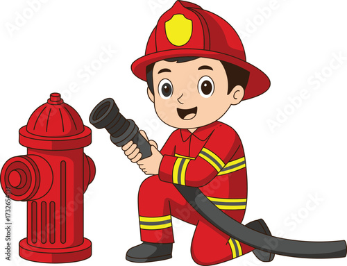 Cute cartoon firefighter boy with hydrant and hose ready to help