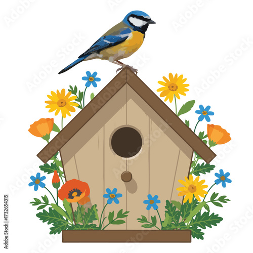 A wooden birdhouse with flowers is mounted on a tree branch in a spring garden