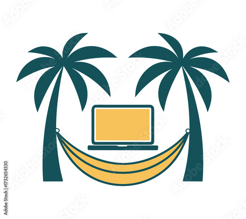 Yellow Hammock and Laptop between Teal Palm Trees for Digital Nomad Lifestyle isolated on transparent background. Relaxed Productivity in Tropical Setting with Laptop Graphic. Minimalist Flat Design