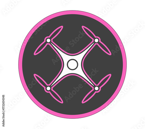 Quadcopter Drone Icon with Pink Glow in Circular Frame isolated on transparent background. Modern UAV Technology Symbol in Flat Design. Pink and White Drone Illustration with Propellers.