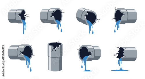 Set of broken pipes with dripping water animation frames.