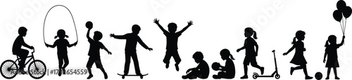 Children silhouette activities, outdoor play illustration, kids recreational movement, black and white playful art, educational poster design, active childhood concept drawing