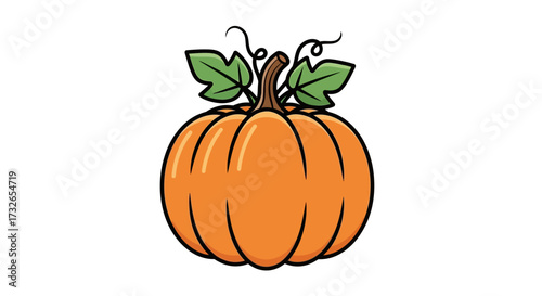 Vibrant cartoon pumpkin with green leaves and curling vine, perfect for autumn harvest and Halloween celebrations