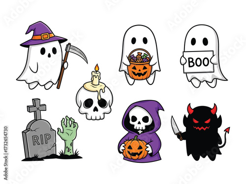 Spooky Halloween Cartoon Characters: A collection of cute cartoon character illustrations to celebrate Halloween, including ghosts, skulls, reaper, and pumpkins.