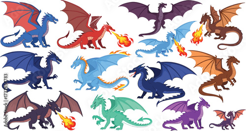 Colorful dragon illustration set, thirteen unique fantasy creatures, fire-breathing poses, flying and roaring designs, mythical beast vector, vibrant character artwork