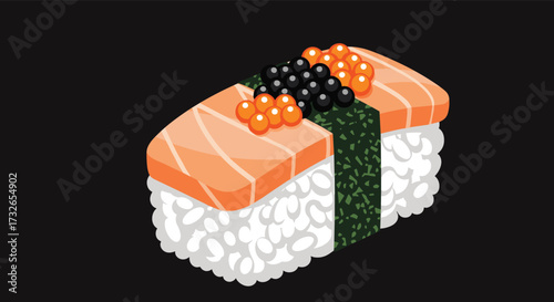 Delicious salmon nigiri sushi with vibrant orange and black roe toppings.