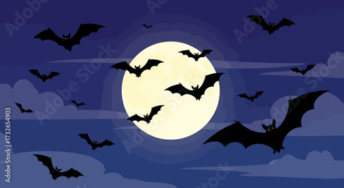 Spooky bats swarm a bright full moon on a dark starry night, creating an eerie and thrilling Halloween atmosphere for your projects.