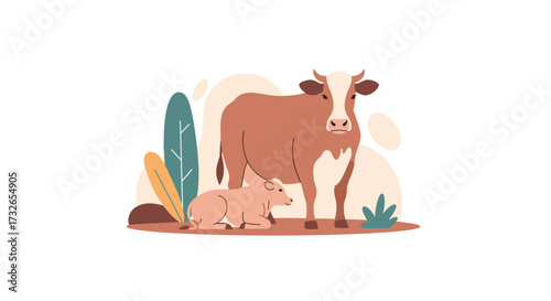 A cow and a pig are in the meadow.